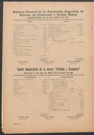 Balance General de la Asociación Argentina de Actores, de Protección y Ayuda Mutua : practicado el 30 de junio de 1941