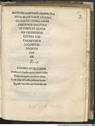 Contra poetas impudice loquentes : mit Gedicht an den Leser 'Aonii modo si ...'