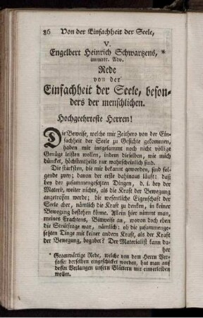 V. Rede von der Einfachheit der Seele, besonders der menschlichen.