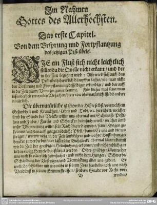 Das erste Capitel. Von dem Ursprung und Fortpflanzung des jetzigen Pest-übels