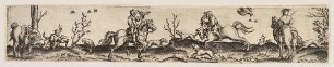Eine Gruppe Jäger mit Jagdhunden und -vögeln