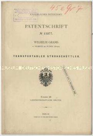 Patentschrift eines transportablen Strohschüttlers, Patent-Nr. 11277