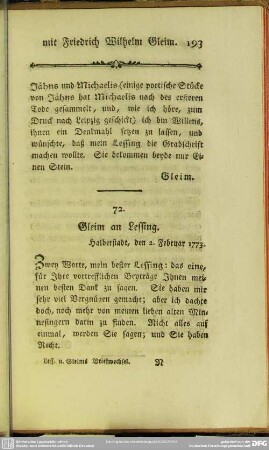 72. Gleim an Lessing. Halberstadt, den 2. Februar 1773