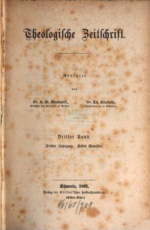 Theologische Zeitschrift, 3. 1862, Semester 1 = Jg. 3