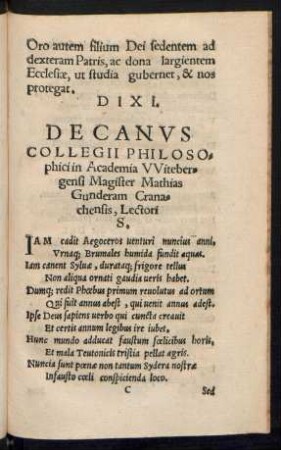 Decanus Collegii Philosophici in Academia Witebergensi Magister Mathias Gunderam Cranachensis, Lectori S.