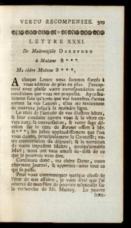 Lettre XXXI. De Mademoiselle Darnford à Madame B***. Ma chère Madame B***, ...