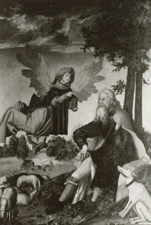 Döbeln, Nicolaikirche, Innenraum, Altar : Flügelaltar, 2. Wandlung, rechter Flügel, oben: Heiliger Rochus, Temperagemälde