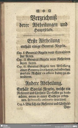 Verzeichnis derer Abtheilungen und Hauptstücke