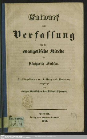 Entwurf einer Verfassung für die evangelische Kirche im Königreich Sachsen