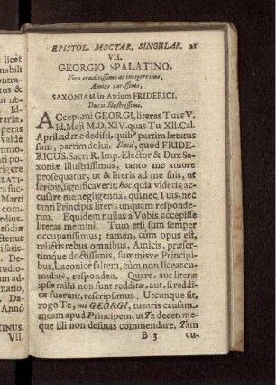 VII. Georgio Spalatino, Viro eruditissimo ac integerrimo, Amico carissimo, Saxoniam in Atrium Friderici, Ducis Illustrissimi / Aldus Romanus