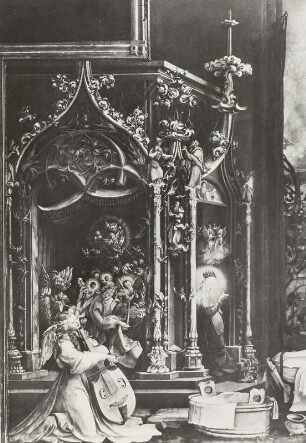 Isenheimer Altar, Engelskonzert : Grünewald, Matthias: Der Isenheimer Altar. 1512-1515. Zweite Wandlung, linker mittlerer Flügel: Menschwerdung Christi. Das Engelskonzert. Lindenholz; 265 x 141 cm. Colmar im Elsaß: Musée Unterlinden