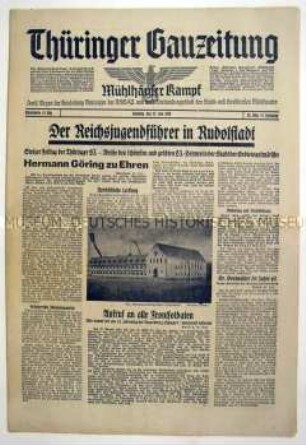 Regionale Tageszeitung der NSDAP "Thüringer Gauzeitung" zur Einweihung eines HJ-Heimes in Rudolstadt