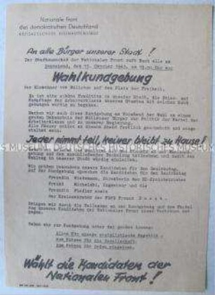 Hektografiertes Propagandaflugblatt der Nationalen Front mit dem Aufruf zu einer Wahlkundgebung in Eisenhüttenstadt
