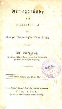 Beweggründe des Uebertritts zur evangelisch-protestantischen Kirche