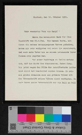 Brief an von Karpf von Hindenburg
