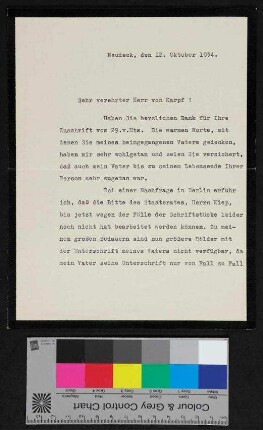 Brief an von Karpf von Hindenburg