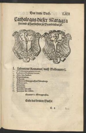Cathalogus dieser Marggraffen und Churfürsten zu Brandenburgk.