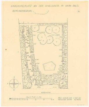 Öffentliche Grünanlage an der Stadthalle und Karl-August-Jung-Platz, Haan: Bepflanzungsplan für den Kinderspielplatz an der Schillerstr.: Grundriss 1:100