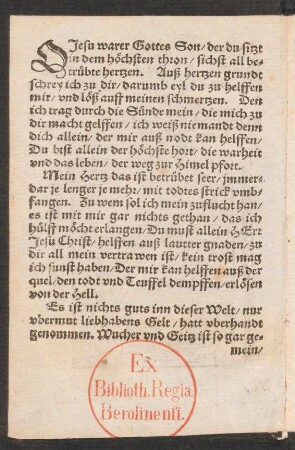 O Jesu warer Gottes Son/ der du sitzt || in dem höchsten thron/