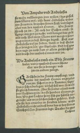 Wie Andolosia umb ein Edle Frauw bulet/ und ir tausend Cronen schencket/ wie sie in betroge/ und im ein andere zulegt.