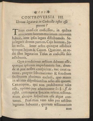Controversia III. Utrum legatarii in Codicillis testes esse queant?