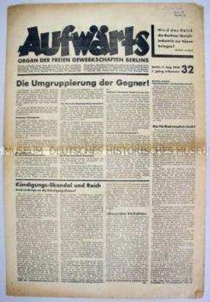 Gewerkschaftszeitung "Aufwärts" u.a. zur Gründung der Deutschen Staatspartei