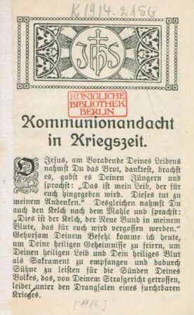 Kommunionandacht in Kriegszeit