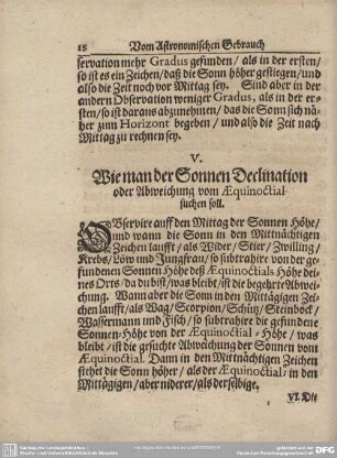 V. Wie man der Sonnen Declination oder Abweichung vom Aequinoctial suchen soll.