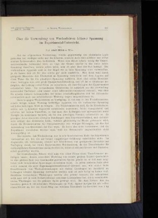 Über die Verwendung von Wechselstrom höherer Spannung im Experimental-Unterricht.