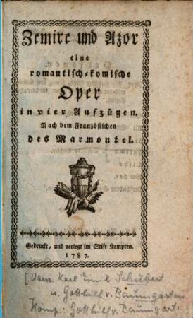 Zemire und Azor : eine romantisch-komische Oper in vier Aufzügen
