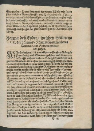 Forma deß Eydes/ welchen Heinricus IIII. deß Namens/ König in Franckreich und Navarren/ allen Ständen der Kronen gethan.