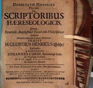 Dissertatio Historica Prior De Scriptoribus Haereseologicis