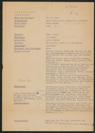 Großherzogliches Hoftheater, Darmstadt: Schriftstück zum Fragebogen für das Handbuch »Das Deutsche Theater«