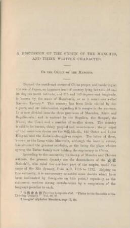 A discussion of the origin of the Manchus, and their written character.