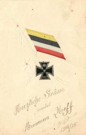 Erster Weltkrieg - Postkarten "Aus großer Zeit 1914/15". Grußkarte mit Fahne und Eisernem Kreuz