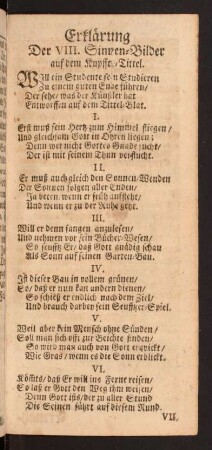 Erklärung der VIII. Sinnen-Bilder auf dem Kupffer-Tittel.