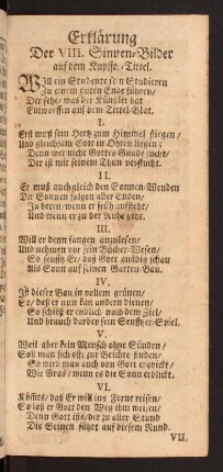 Erklärung der VIII. Sinnen-Bilder auf dem Kupffer-Tittel.