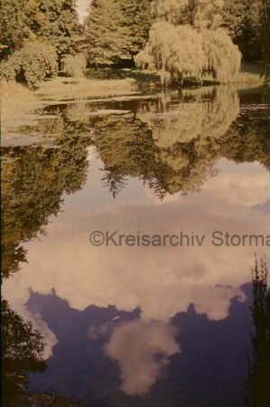 Salzteich: Kurpark: Spiegelungen von Wolken, Büschen und Bäumen im Wasser: am gegenüberliegenden Ufer Büsche und Bäume