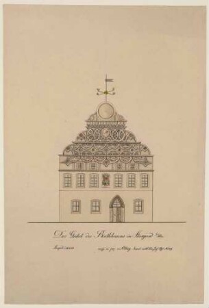 Aufriss der Giebelfassade des Rathauses im Renaissancestil in Stargard in Pommern, heute Polen