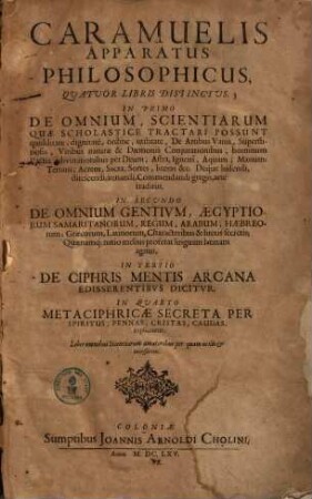 Caramuelis apparatus philosophicus : quatuor libris distinctus ...