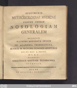 Speciminis Methodologiae Medicae Partem Primam Nosologiam Generalem