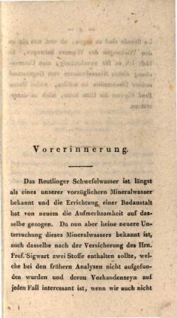 Chemische Untersuchung des Schwefelwassers bei Reutlingen : eine Inaug.-Diss.