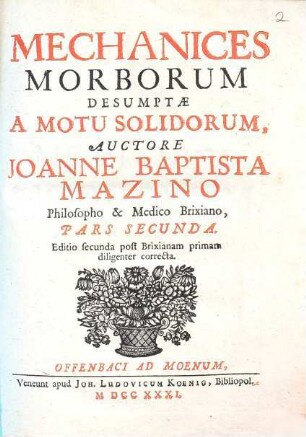 Mechanices Morborum Desumptae A Motu Sanquinis, 2