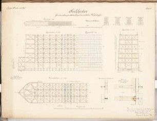 Seehafen Schinkelwettbewerb 1898: Südlicher Hafenkopf: Sernkkasten für den schrägen Seitenflügel. Grundriss, Schnitte 1:500, Schnitte 1:100, Detail 1:10