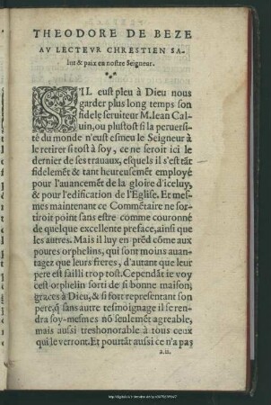 Theodore De Beze Au Lecteur Chrestien Salut & paix en nostre Seigneur
