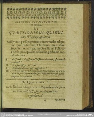 Elenchus Judaeorum VIII. & ultimus. De Quaestiones Quibusdam Theologicopoliticis