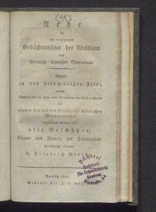 Montag den 19. Jan. ... im großen Hörsaal des Berlinisch-Kölnischen Gymnasiums ... D. Friedrich Gedike