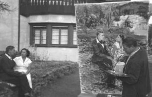 St. Moritz: Prinzenpaar wird gemalt (Hintergrund Haus), Maler und Staffelei; näher
