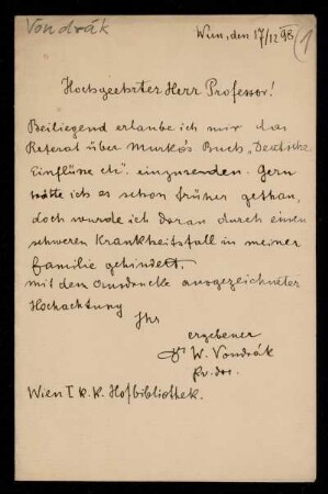 Brief von Václav Vondrák an Edward Schröder, Wien, 1898
