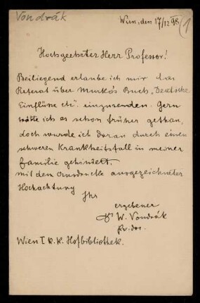Brief von Václav Vondrák an Edward Schröder, Wien, 1898